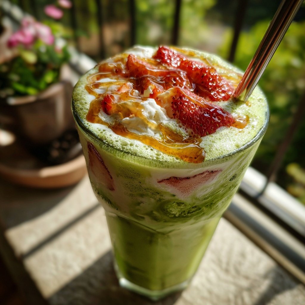 Strawberry Matcha Iced Latte With Honey